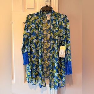 Multiples Brand Women’s 3/4 Sleeve Blue and Yellow Floral Sheer Cardigan